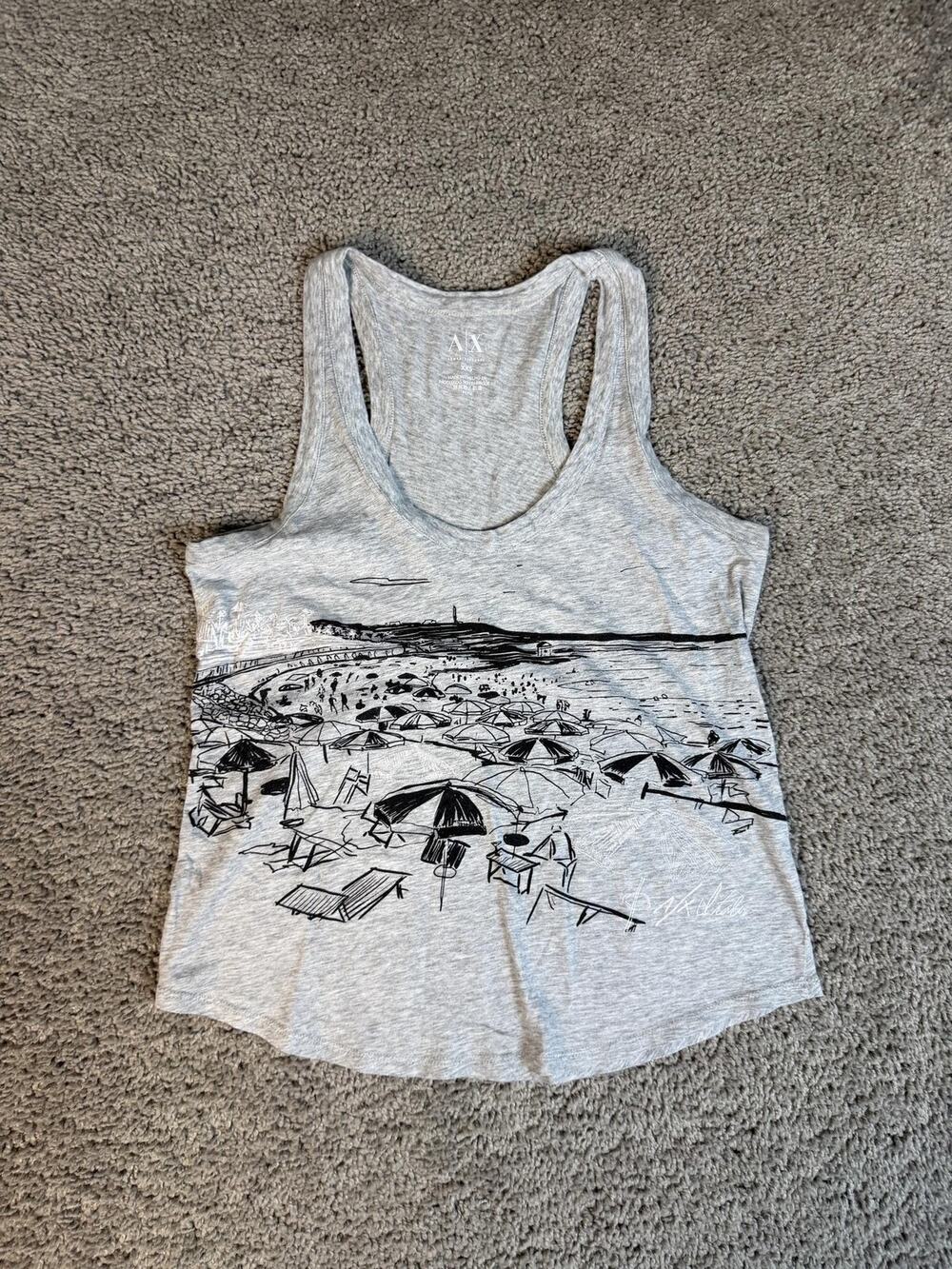 Armani Exchange Tank Womens XXS Gray Scoop Neck Racerback Beach Graphic Cotton